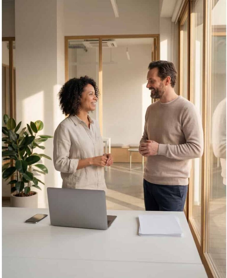 Two colleagues happy, no stress or anxiety discussing a project