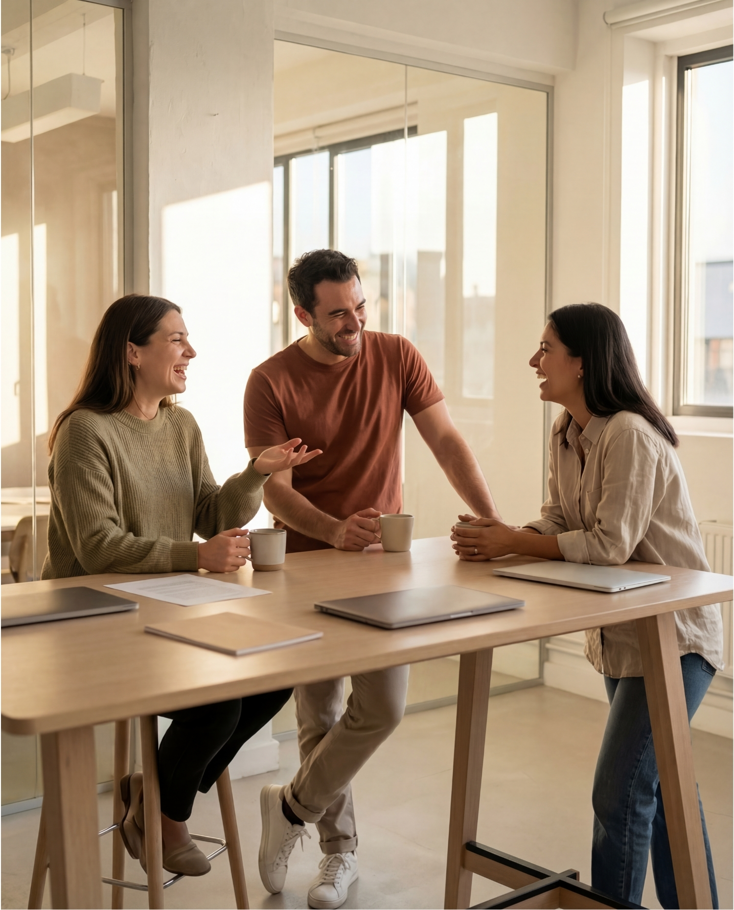 Three employees enjoying a break at work after the benefits of a workplace wellbeing workshop to reduce stress and anxiety and burnout