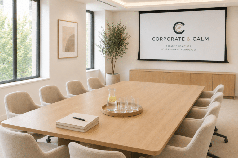 a meeting room prepared for a corporate wellbeing workshop by corporate and calm in London