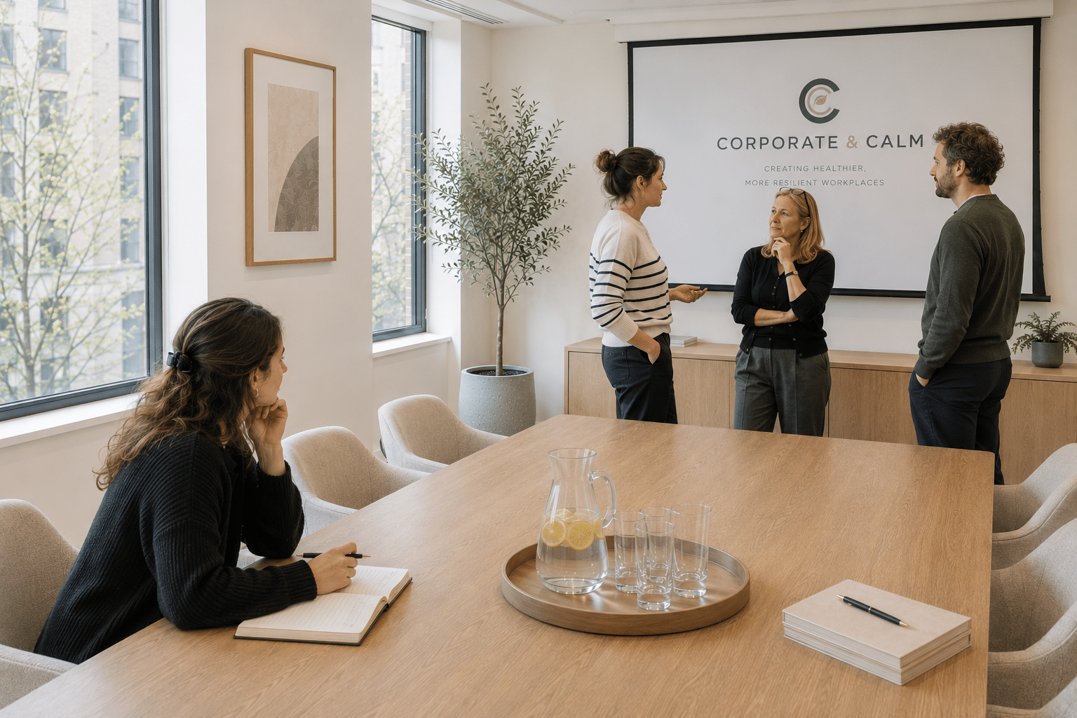 a group of colleagues talking before a wellness workshop on stress and anxiety by corporate and calm