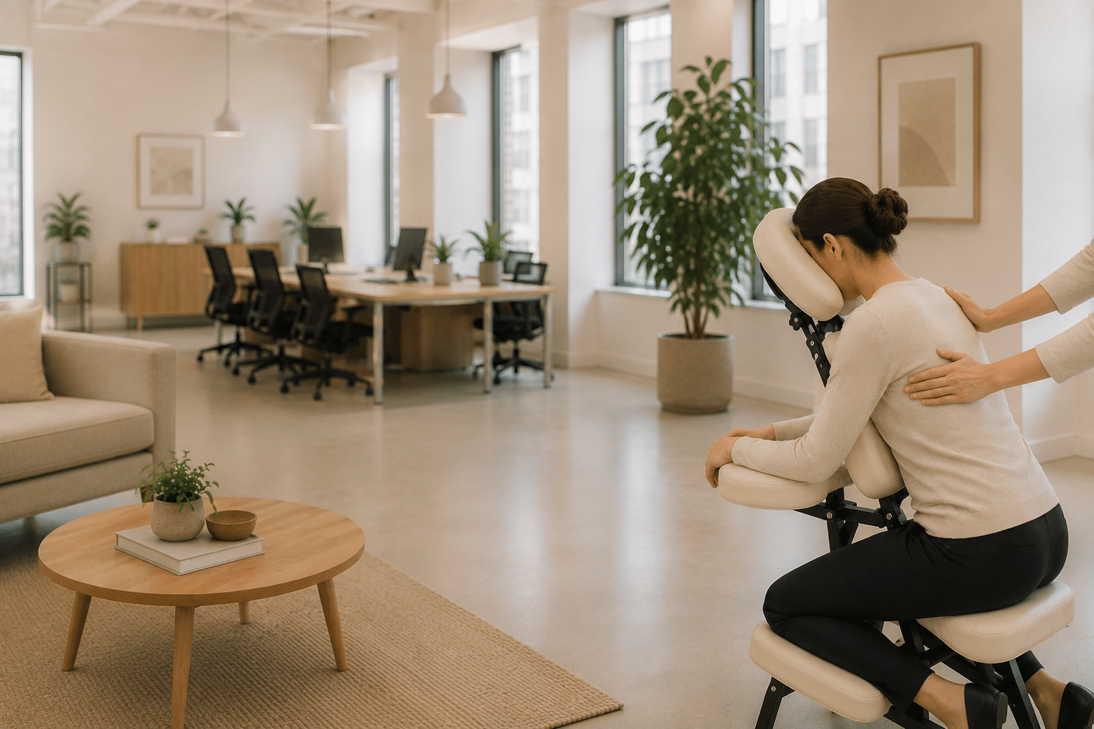 an employee benefiting from employee chair massage in the meeting room at their office in Milton Keynes