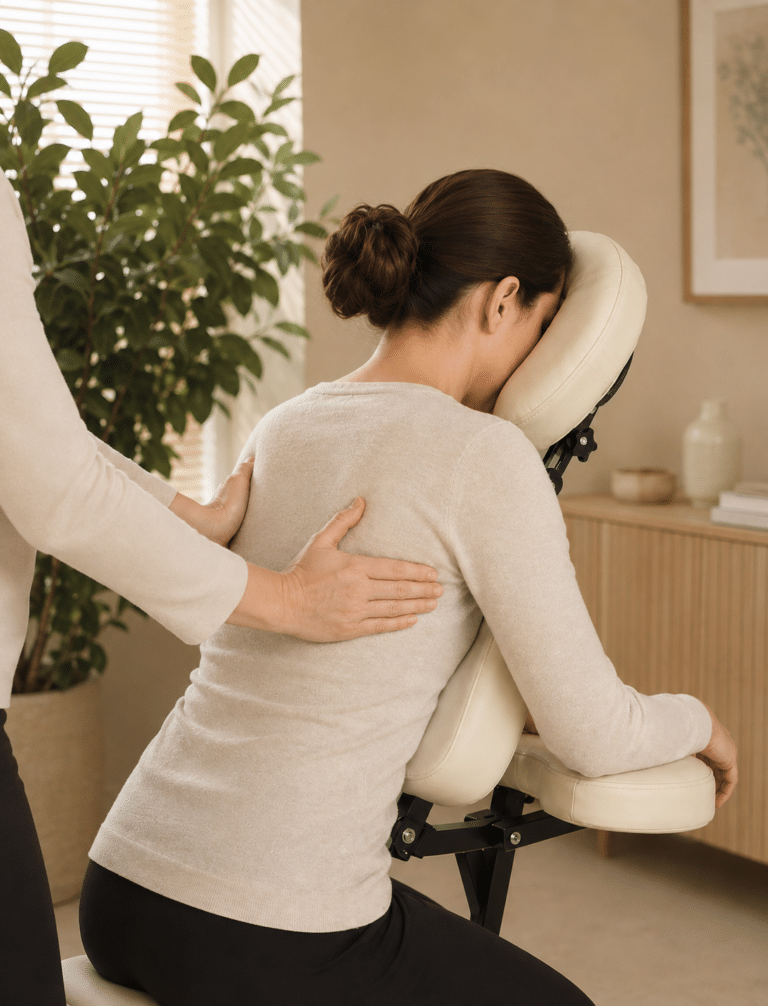 and employee enjoying some corporate on-site chair massage to reduce back aches and tension